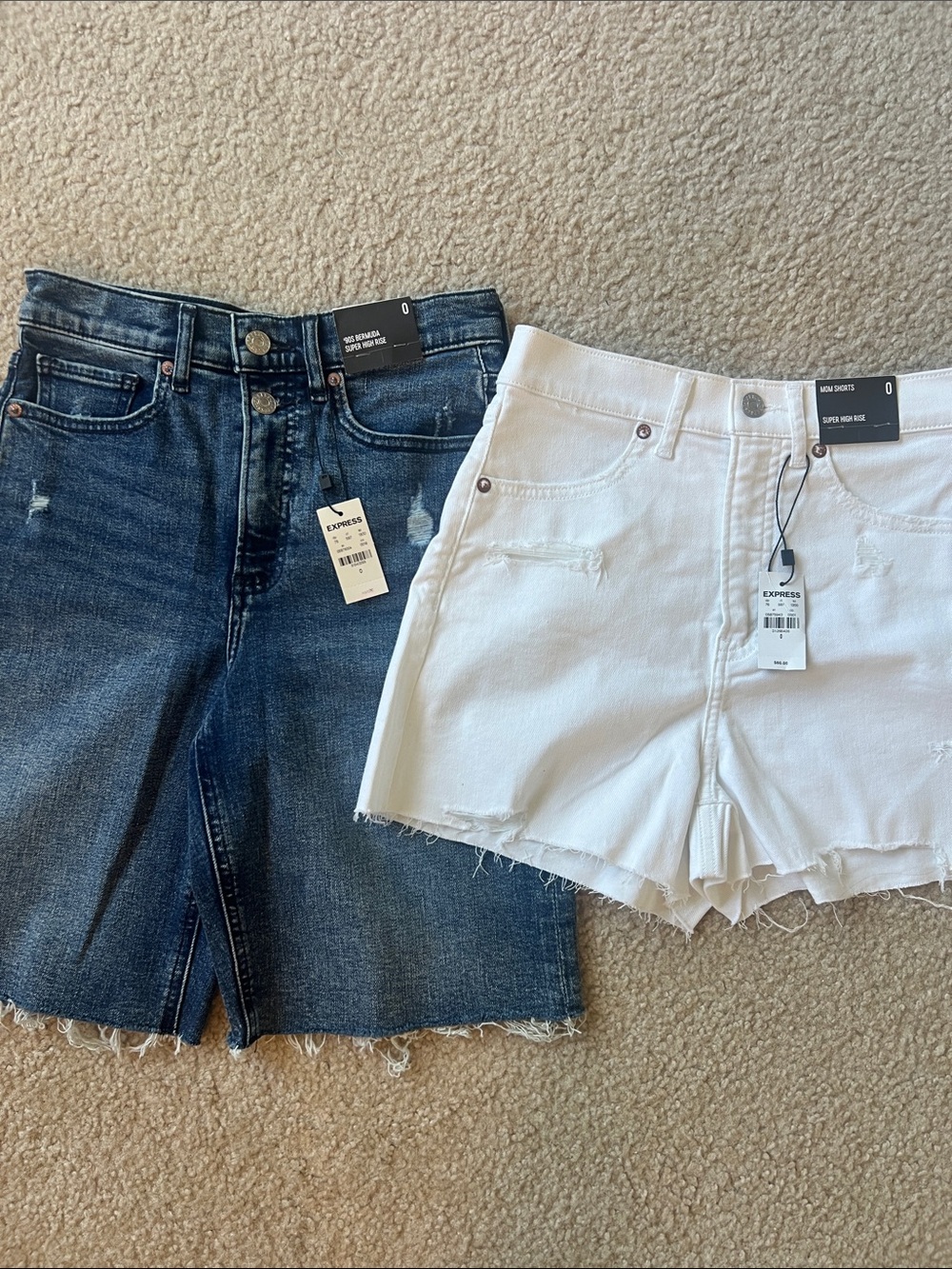 Express Denim Shorts Duo — White and Dark Wash High Rise Shorts (offers welcome)